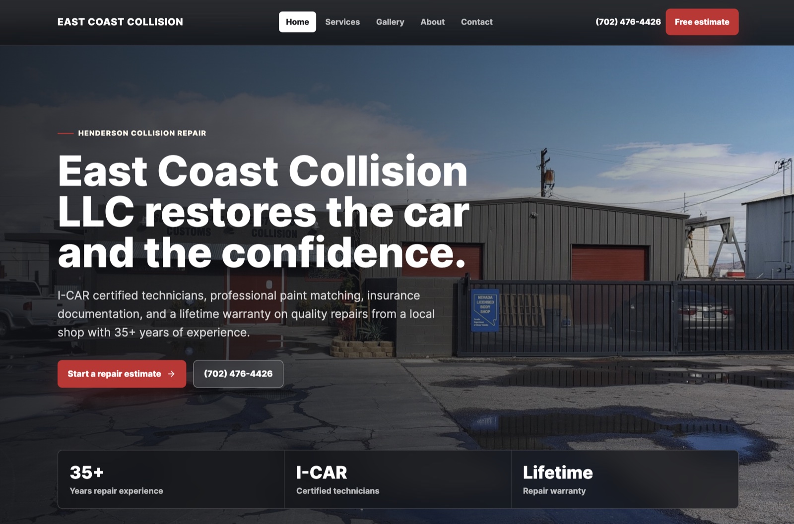 East Coast Collision homepage with repair estimate call to action