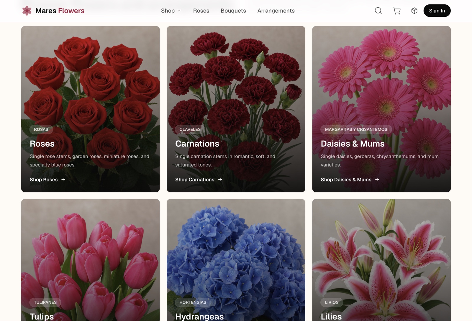 Mares Flowers storefront page with floral category cards for roses, carnations, daisies, tulips, hydrangeas, and lilies
