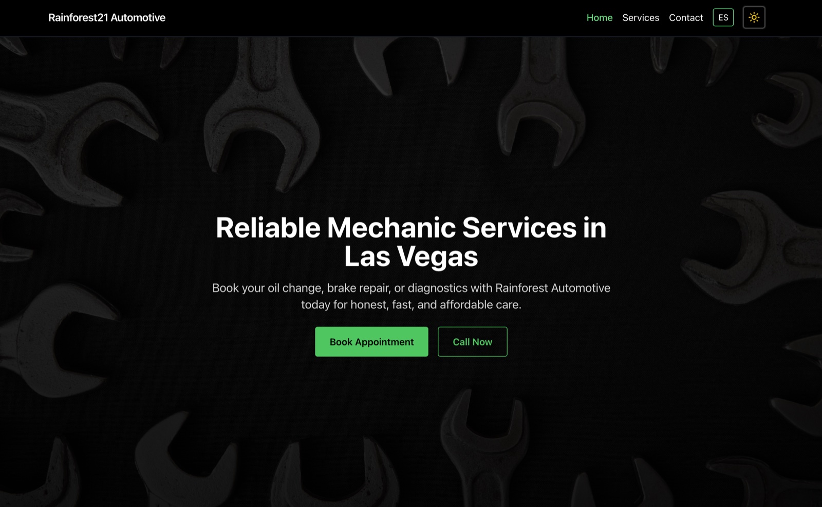 Rainforest 21 Automotive dark hero page for mechanic services in Las Vegas