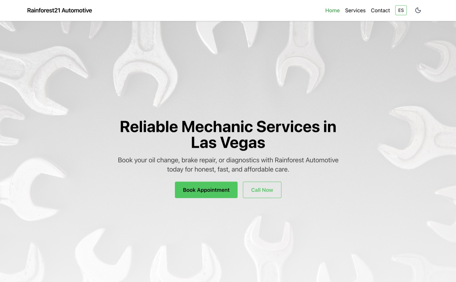 Rainforest 21 Automotive light hero page for mechanic services in Las Vegas